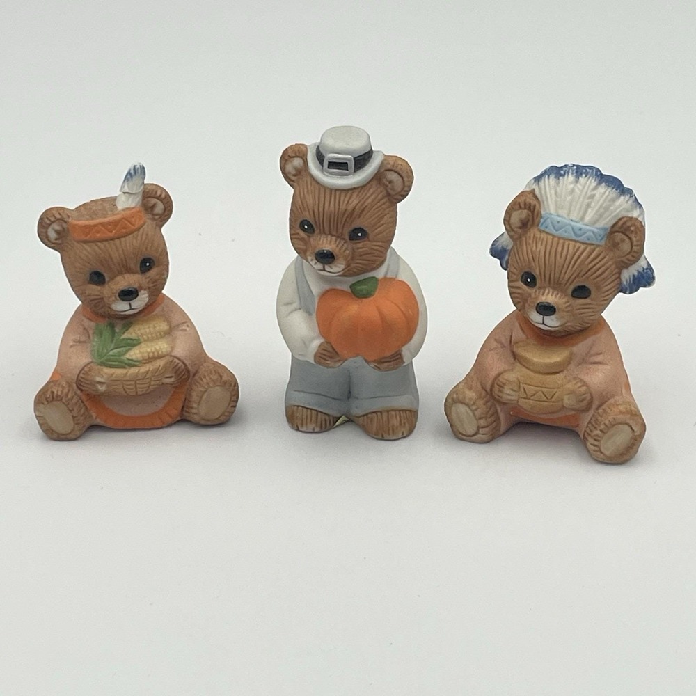 Vintage 1980s Homco #‎ 5312 Thanksgiving Harvest Bear Figurines Set Of 3